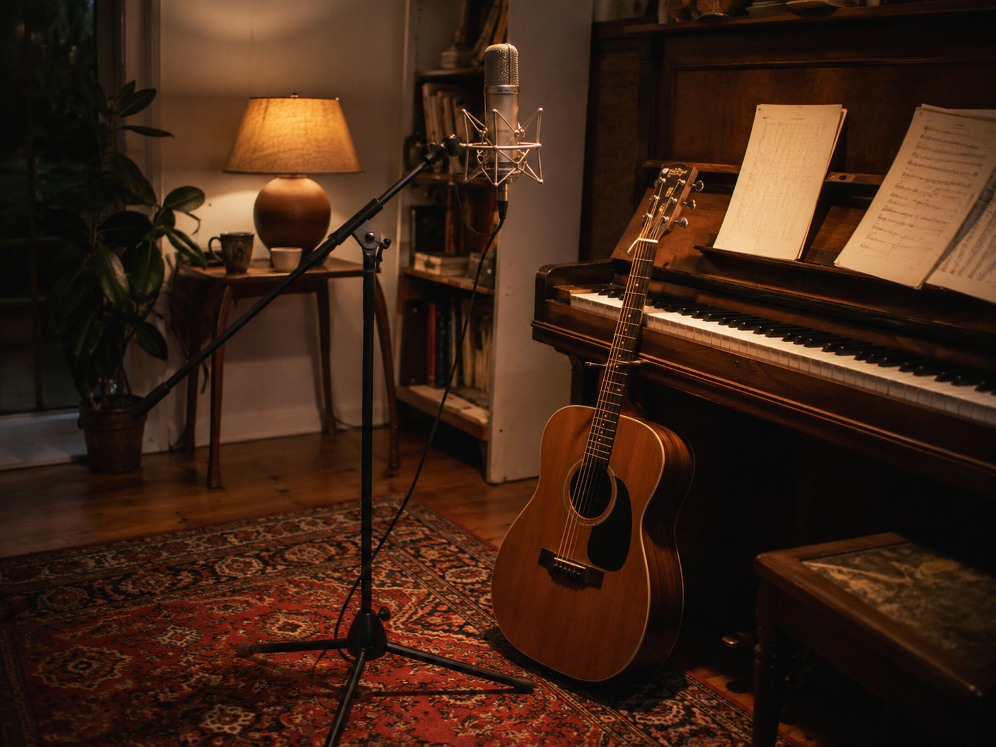 Acoustic recording session — guitar, microphone, piano