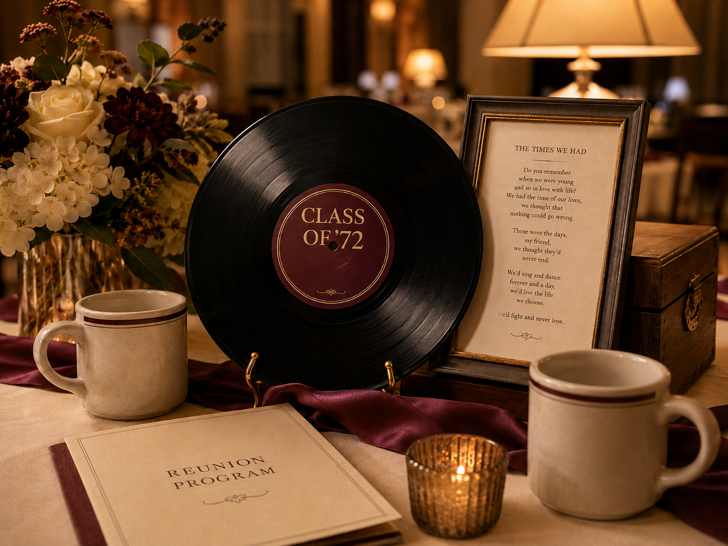 Reunion table styled with vinyl, framed lyric, and program